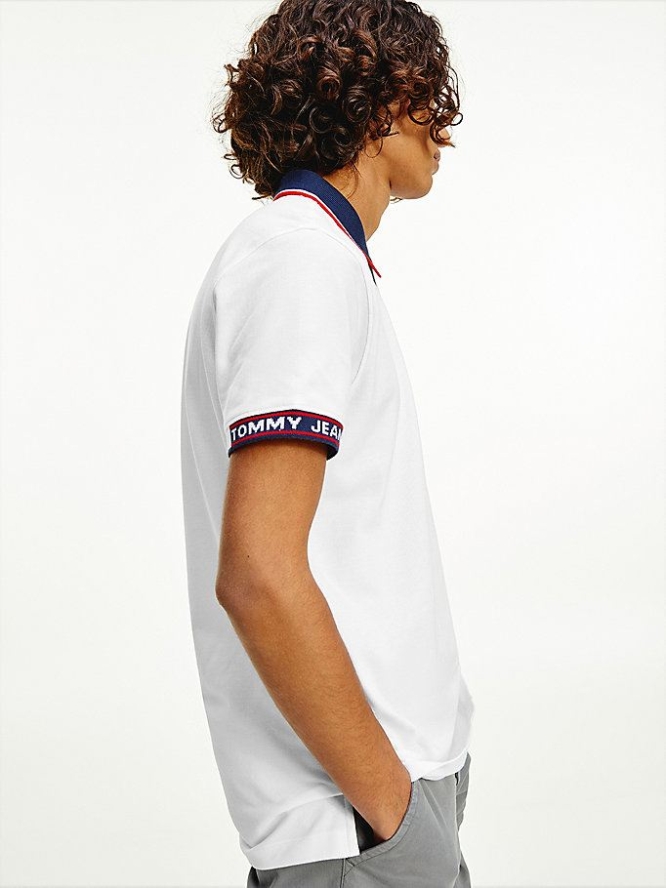 Men's Tommy Hilfiger Stripe Collar Organic Cotton Pique Polo Shirts White | USA-JNWZTA