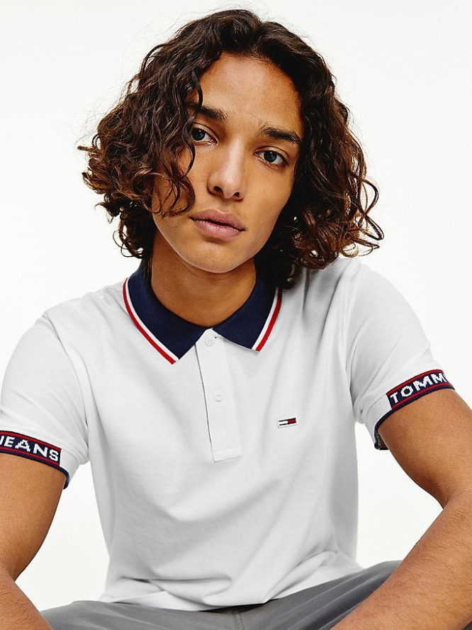 Men\'s Tommy Hilfiger Stripe Collar Organic Cotton Pique Polo Shirts White | USA-JNWZTA