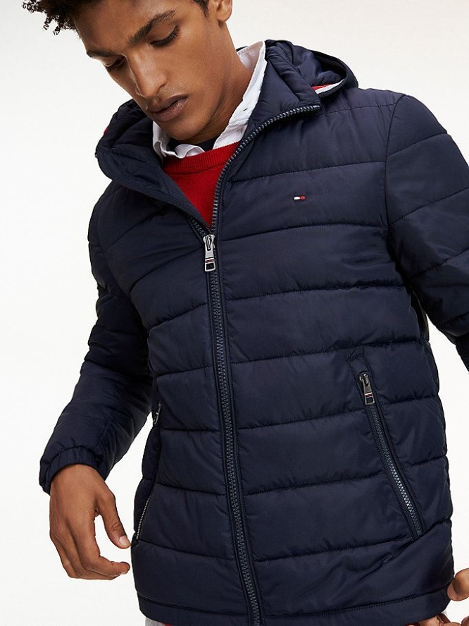 Men\'s Tommy Hilfiger TH Tech Quilted Hooded Jackets & Coats Dark Blue | USA-MXEZOH