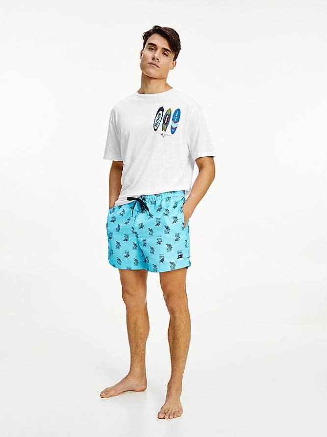 Men's Tommy Hilfiger Tropical Palm Mid Length Swim Swimwear Light Turquoise | USA-XLRKPS