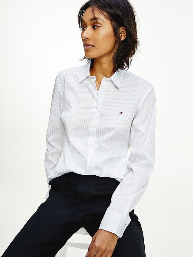 Women's Tommy Hilfiger All-Over Stripe Slim Fit Shirts White | USA-HAJTWB