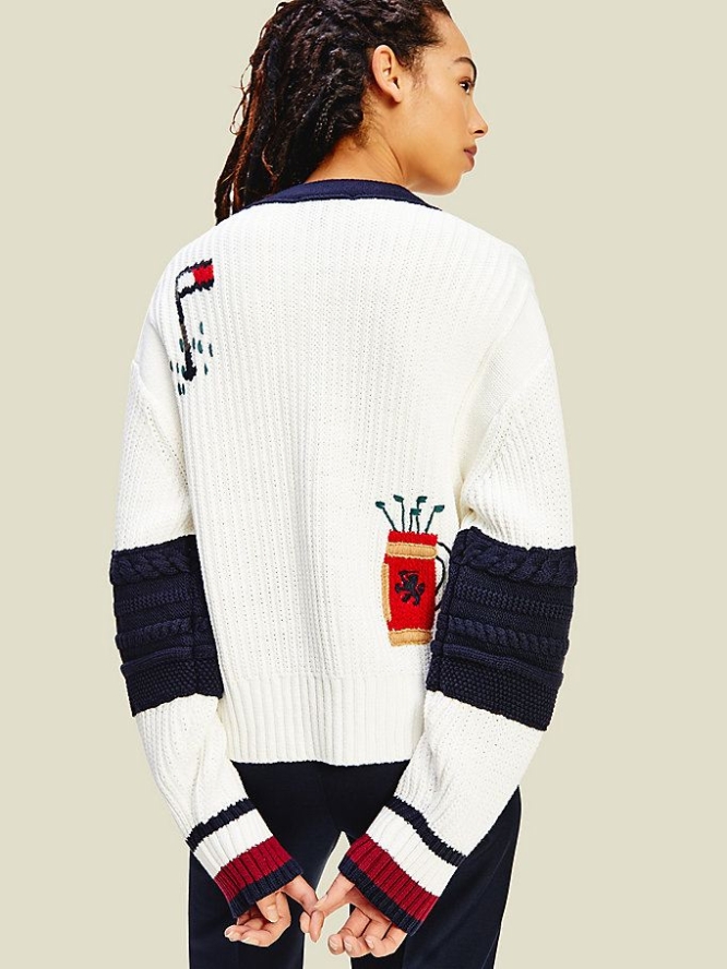 Women's Tommy Hilfiger Crest Golf Letterman Cardigan Sweaters White | USA-QZASPT