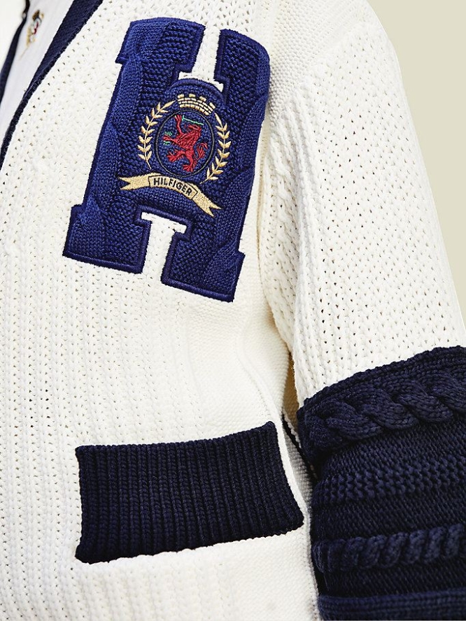 Women's Tommy Hilfiger Crest Golf Letterman Cardigan Sweaters White | USA-QZASPT