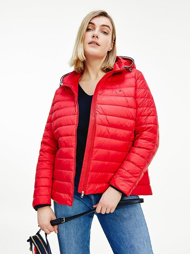 Women\'s Tommy Hilfiger Curve Essential Down-Filled Quilted Hooded Jackets & Coats Red | USA-UTNXPF
