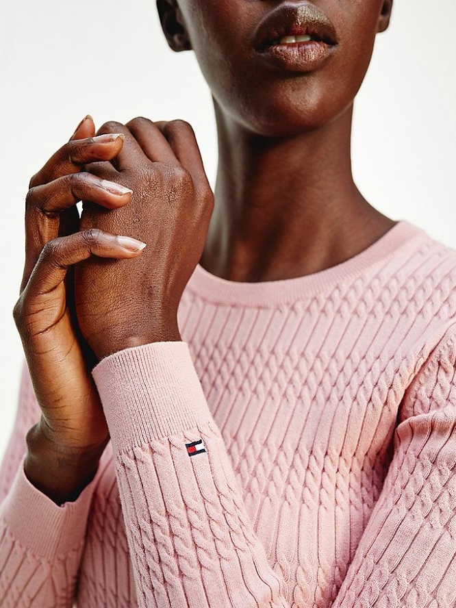 Women's Tommy Hilfiger Essential Cable Knit Jumper Sweaters Pink | USA-ONHWLV