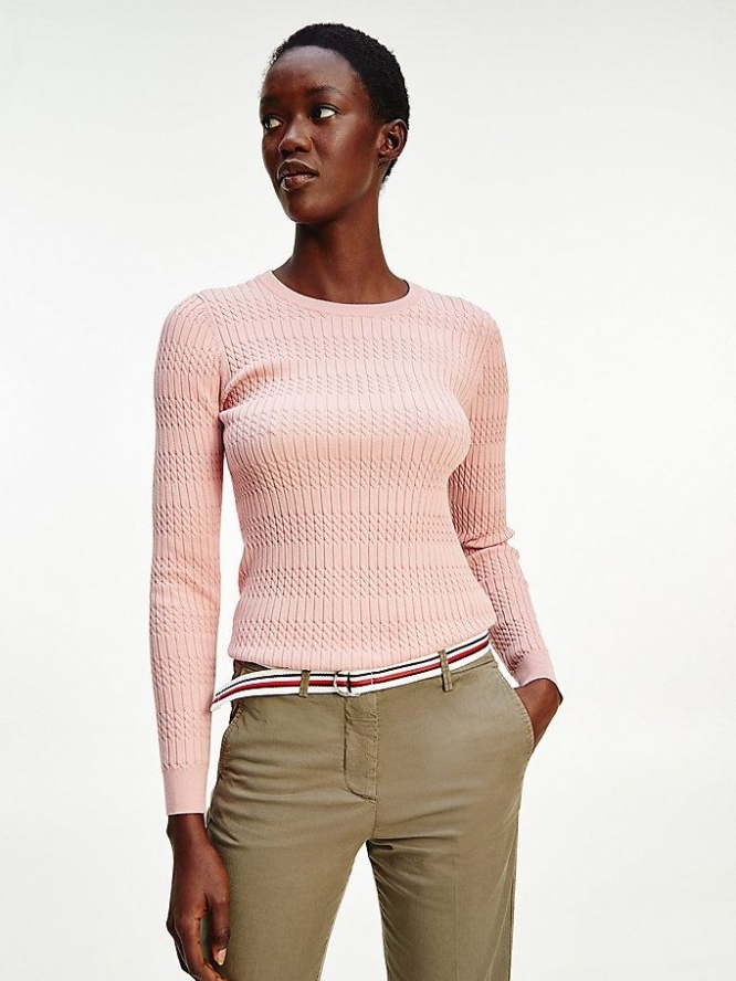 Women\'s Tommy Hilfiger Essential Cable Knit Jumper Sweaters Pink | USA-ONHWLV