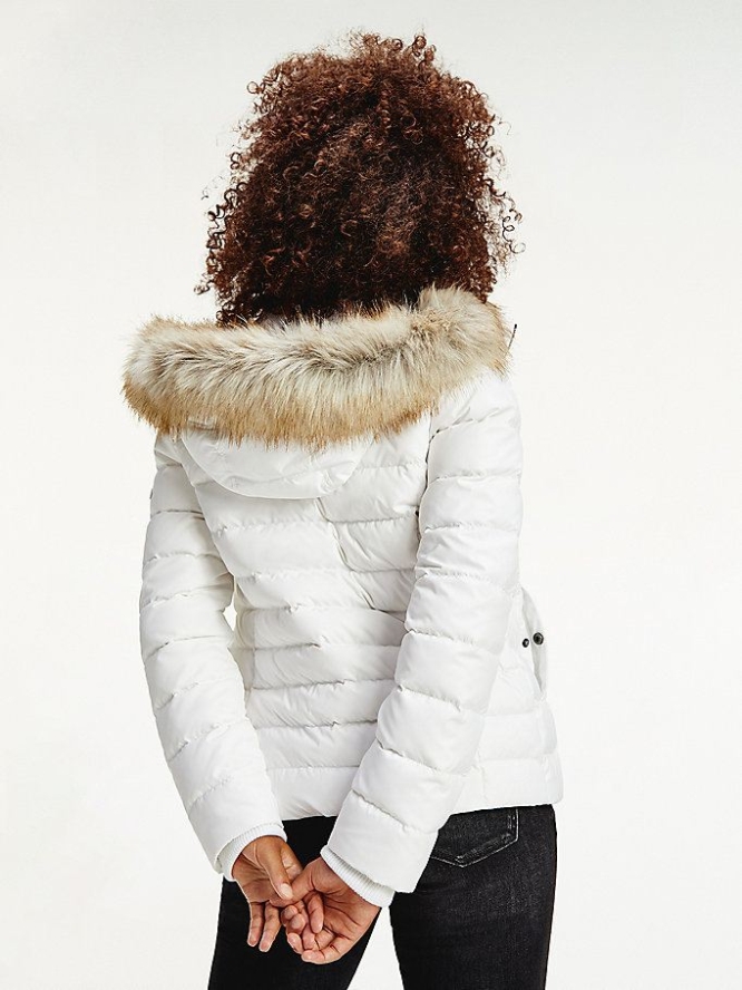 Women's Tommy Hilfiger Faux Fur Trimmed Down Fitted Jackets & Coats White | USA-LMNHWF