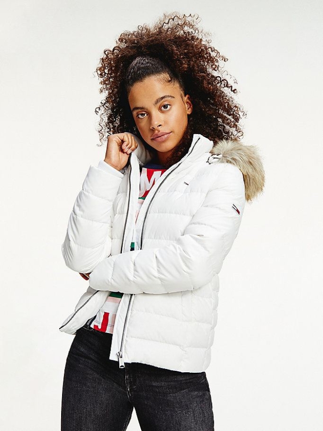 Women\'s Tommy Hilfiger Faux Fur Trimmed Down Fitted Jackets & Coats White | USA-LMNHWF