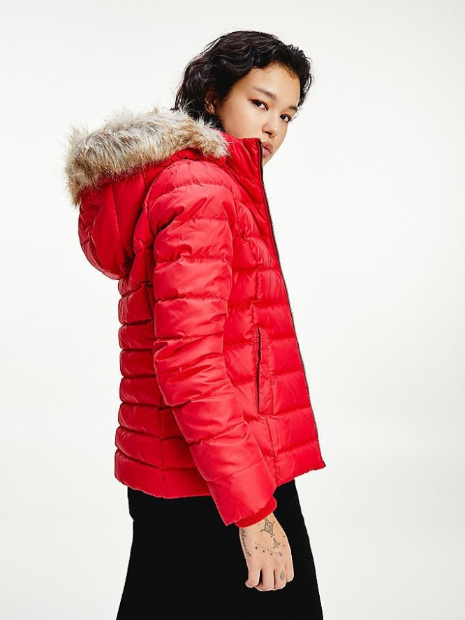 Women's Tommy Hilfiger Faux Fur Trimmed Down Fitted Jackets & Coats Red | USA-PCSRJZ