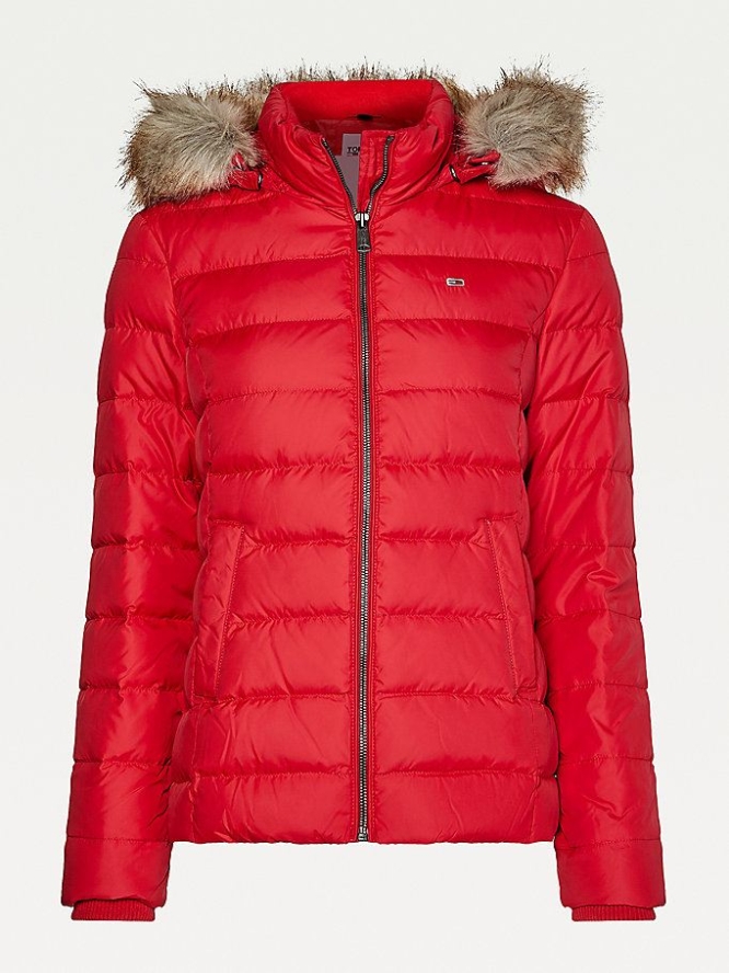 Women's Tommy Hilfiger Faux Fur Trimmed Down Fitted Jackets & Coats Red | USA-PCSRJZ