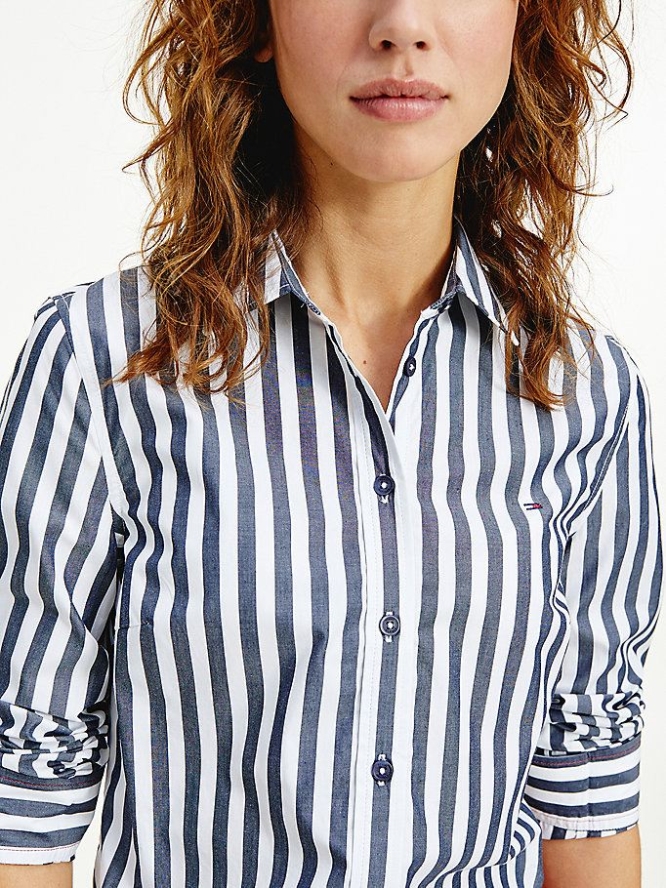 Women's Tommy Hilfiger Organic Cotton Stripe Shirts Dark Blue | USA-SPEIQV