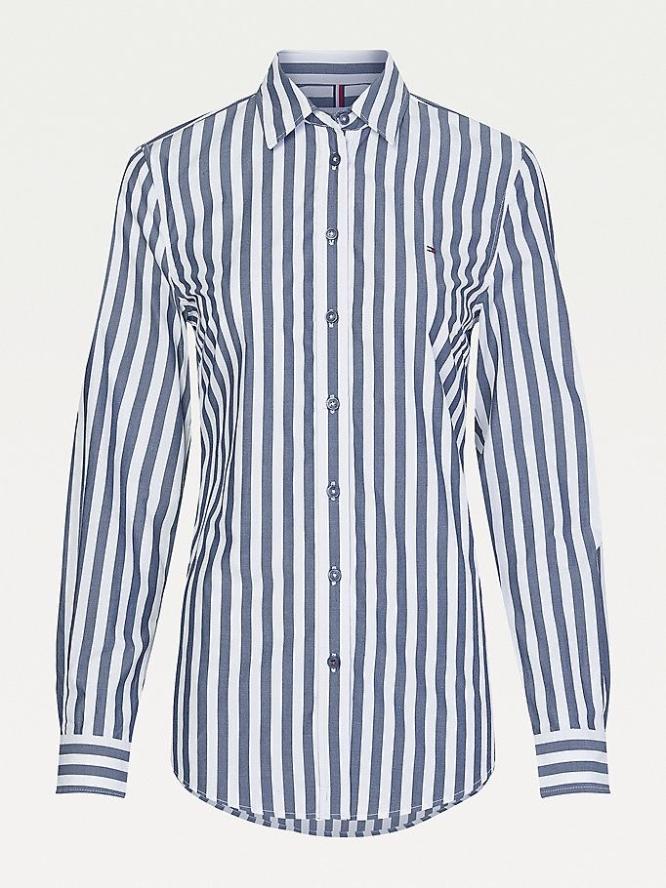 Women's Tommy Hilfiger Organic Cotton Stripe Shirts Dark Blue | USA-SPEIQV