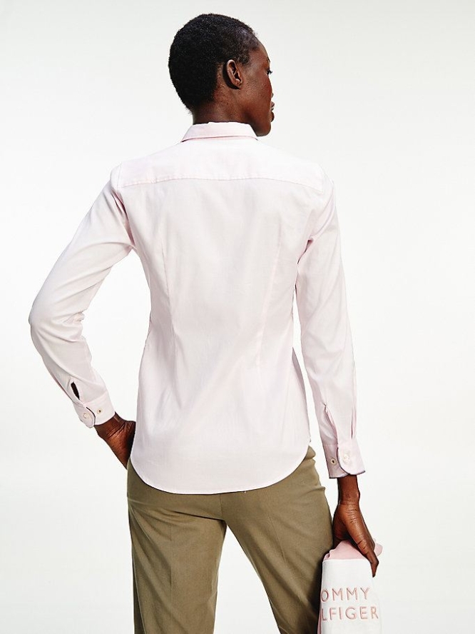 Women's Tommy Hilfiger Signature Detail Stretch Oxford Cotton Shirts Light Pink | USA-UVMCHQ