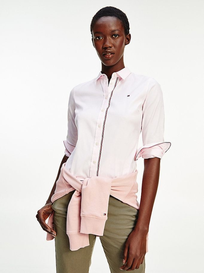 Women\'s Tommy Hilfiger Signature Detail Stretch Oxford Cotton Shirts Light Pink | USA-UVMCHQ