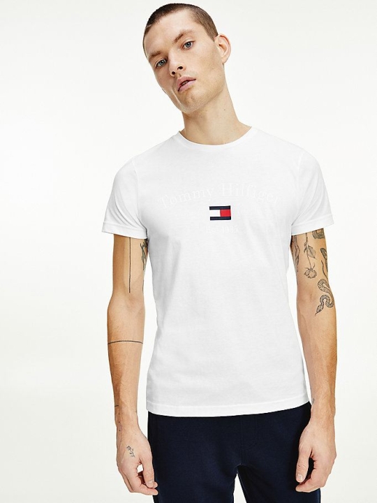 Men's Tommy Hilfiger 1985 Logo Organic Cotton T-Shirts & Polos White | USA-PZJDGB