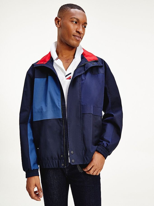 Men's Tommy Hilfiger Icons Colour-Blocked Bomber Jackets & Coats Dark Blue | USA-MTKOUZ