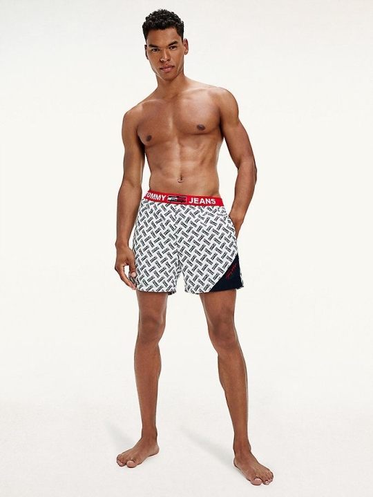 Men's Tommy Hilfiger Logo Mid Length Slim Fit Swim Swimwear White | USA-IDYNZC