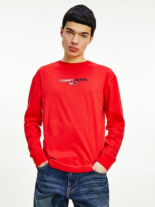 Men's Tommy Hilfiger Long Sleeve Logo T-Shirts & Polos Deep Red | USA-VFBAXK