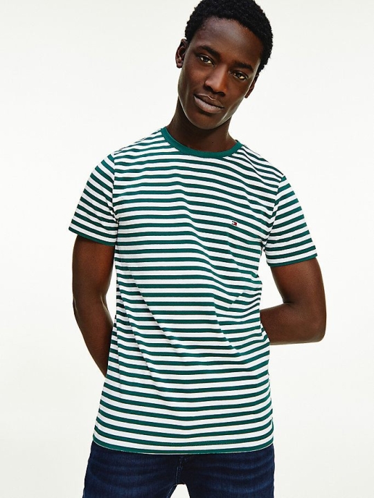 Men's Tommy Hilfiger Organic Cotton Stripe Slim Fit T-Shirts & Polos Green/White | USA-GDFLZI