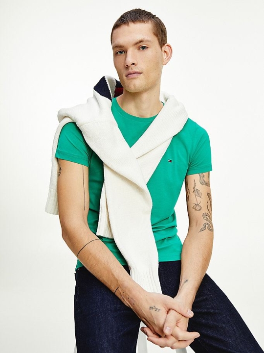 Men's Tommy Hilfiger Organic Cotton Stripe Slim Fit T-Shirts & Polos Green | USA-GKISWF