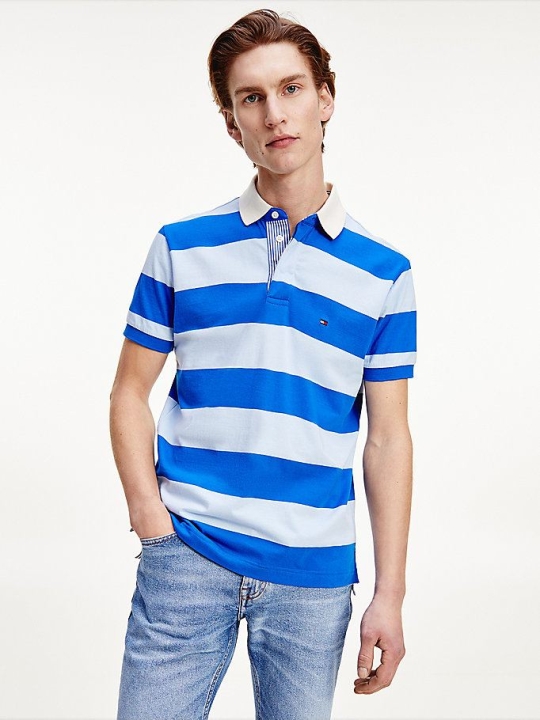Men's Tommy Hilfiger Rugby Stripe Cotton Polo Shirts Blue | USA-IFPEHQ
