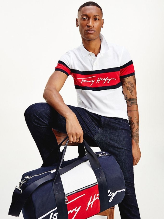 Men's Tommy Hilfiger Signature Logo Slim Fit Polo Shirts White/ Red | USA-UTSCJM