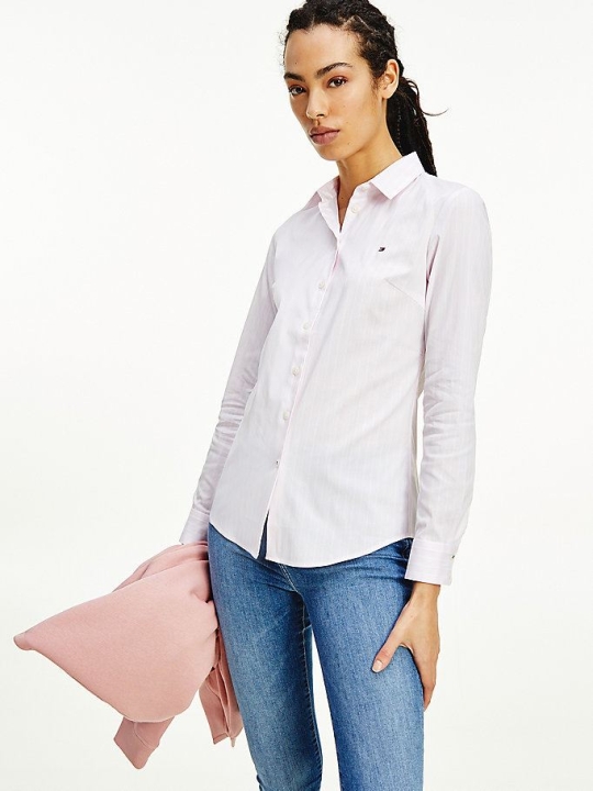Women's Tommy Hilfiger All-Over Stripe Slim Fit Shirts Light Pink | USA-FXODQL