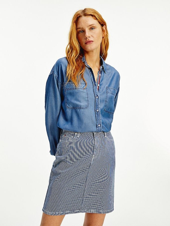 Women's Tommy Hilfiger Chambray Relaxed Fit Shirts Blue | USA-QMHVLT