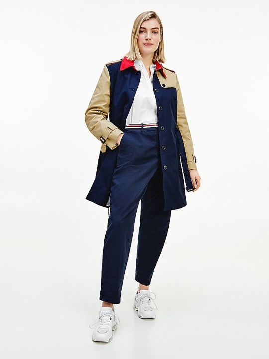 Women's Tommy Hilfiger Curve Colour-Blocked Belted Trench Jackets & Coats Red/Brown | USA-VGUQYF