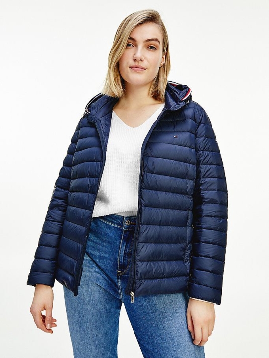 Women's Tommy Hilfiger Curve Essential Down-Filled Quilted Hooded Jackets & Coats Dark Blue | USA-DNQSJO