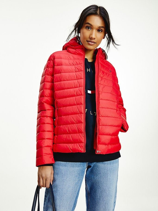 Women's Tommy Hilfiger Essential Down-Filled Quilted Hooded Jackets & Coats Red | USA-YTKNUZ