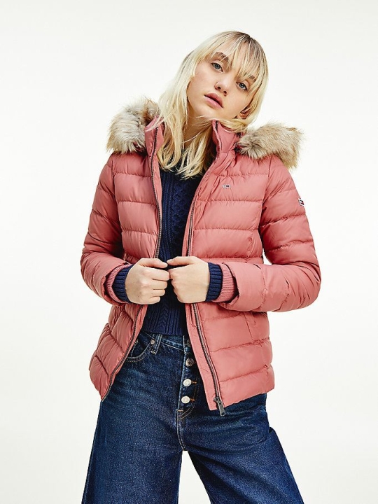 Women's Tommy Hilfiger Faux Fur Hood Down Jackets & Coats Red Rose | USA-UFDKSE
