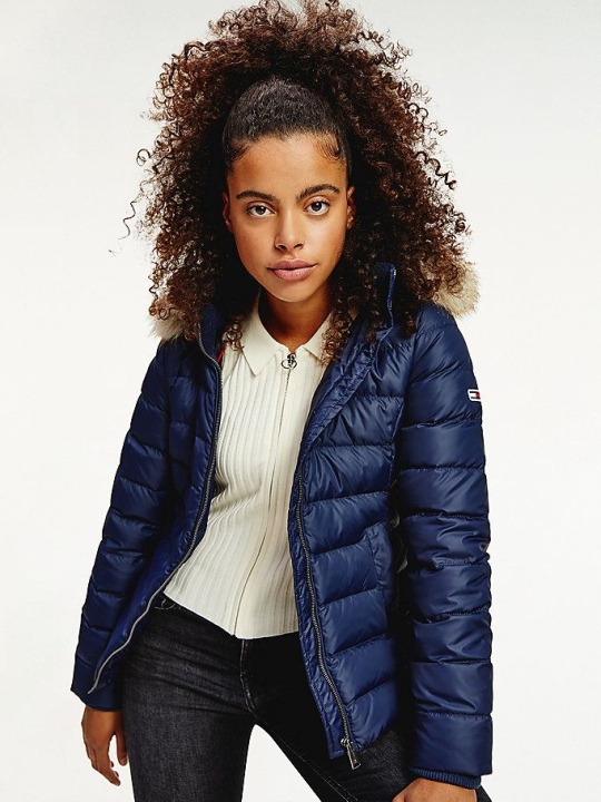 Women's Tommy Hilfiger Faux Fur Trimmed Down Fitted Jackets & Coats Light Navy | USA-SXTCOG