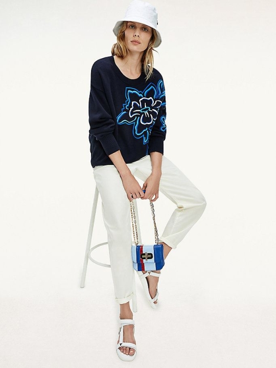 Women's Tommy Hilfiger Floral Applique Organic Cotton Jumper Sweaters Dark Blue | USA-CUQZHR