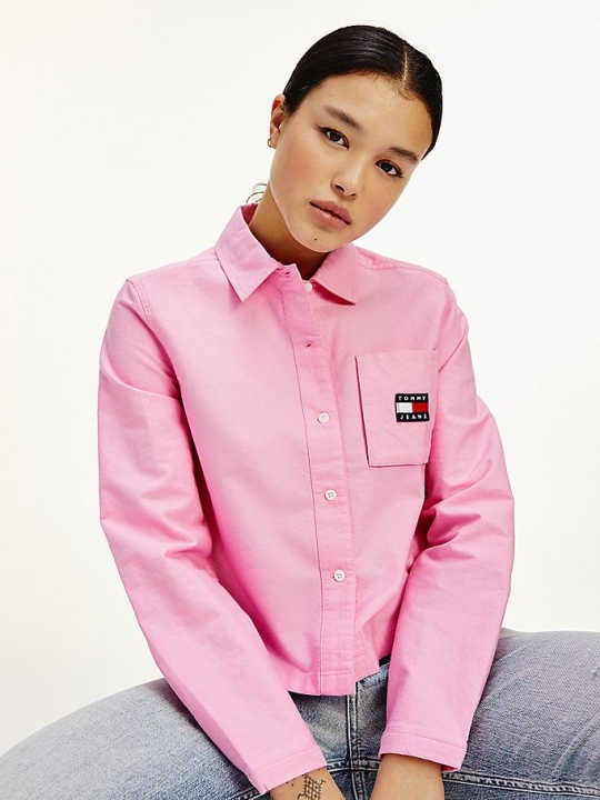 Women's Tommy Hilfiger Organic Cotton Badge Shirts Pink | USA-GIXZAQ
