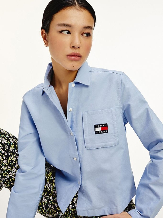 Women's Tommy Hilfiger Organic Cotton Badge Shirts Blue | USA-YOJRWL