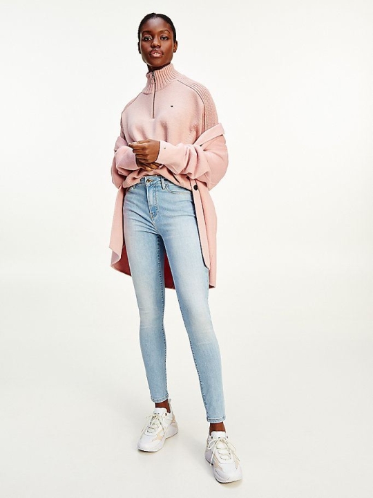 Women's Tommy Hilfiger Oversized Half-Zip High Neck Jumper Sweaters Pink | USA-AQUYTR