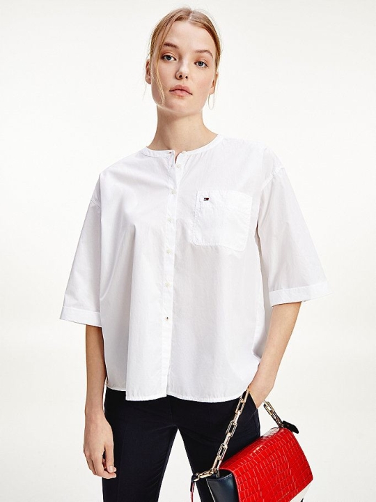 Women's Tommy Hilfiger Patch Pocket Collarless Relaxed Fit Shirts White | USA-WUORNB