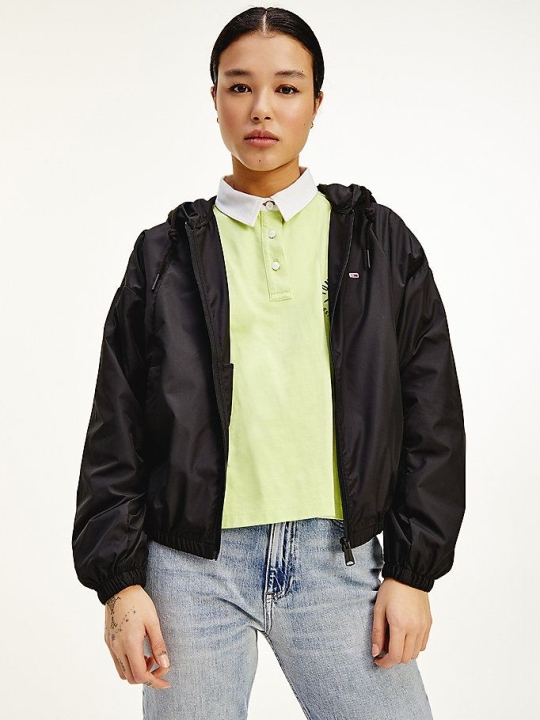 Women's Tommy Hilfiger Repeat Logo Tape Packable Hood Jackets & Coats Black | USA-EVIYWQ