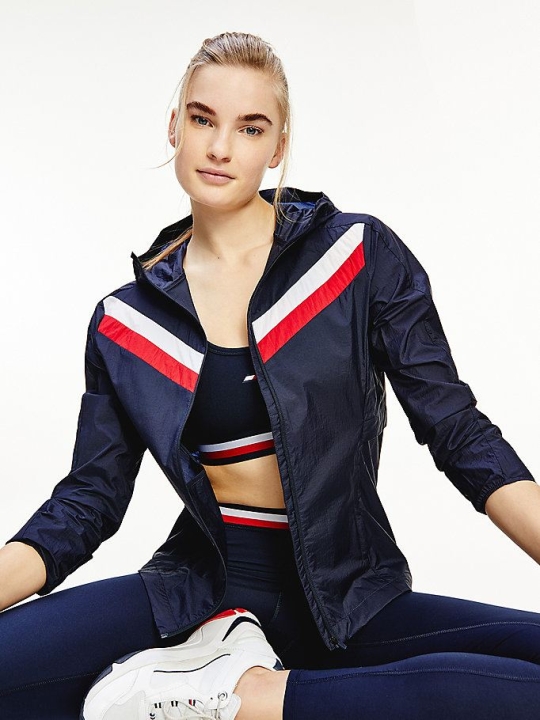 Women's Tommy Hilfiger Sport Chevron Water Repellent Packable Windbreaker Jackets & Coats Dark Blue | USA-IUFYLE