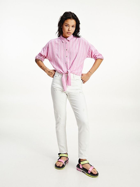 Women's Tommy Hilfiger Stripe Linen Viscose Self-Tie Knot Shirts Pink Stripes | USA-VIEULP
